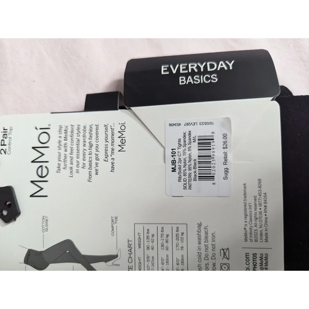 1 Pair MeMoi Control Top‎ Black opaque tights womens M/L NEW